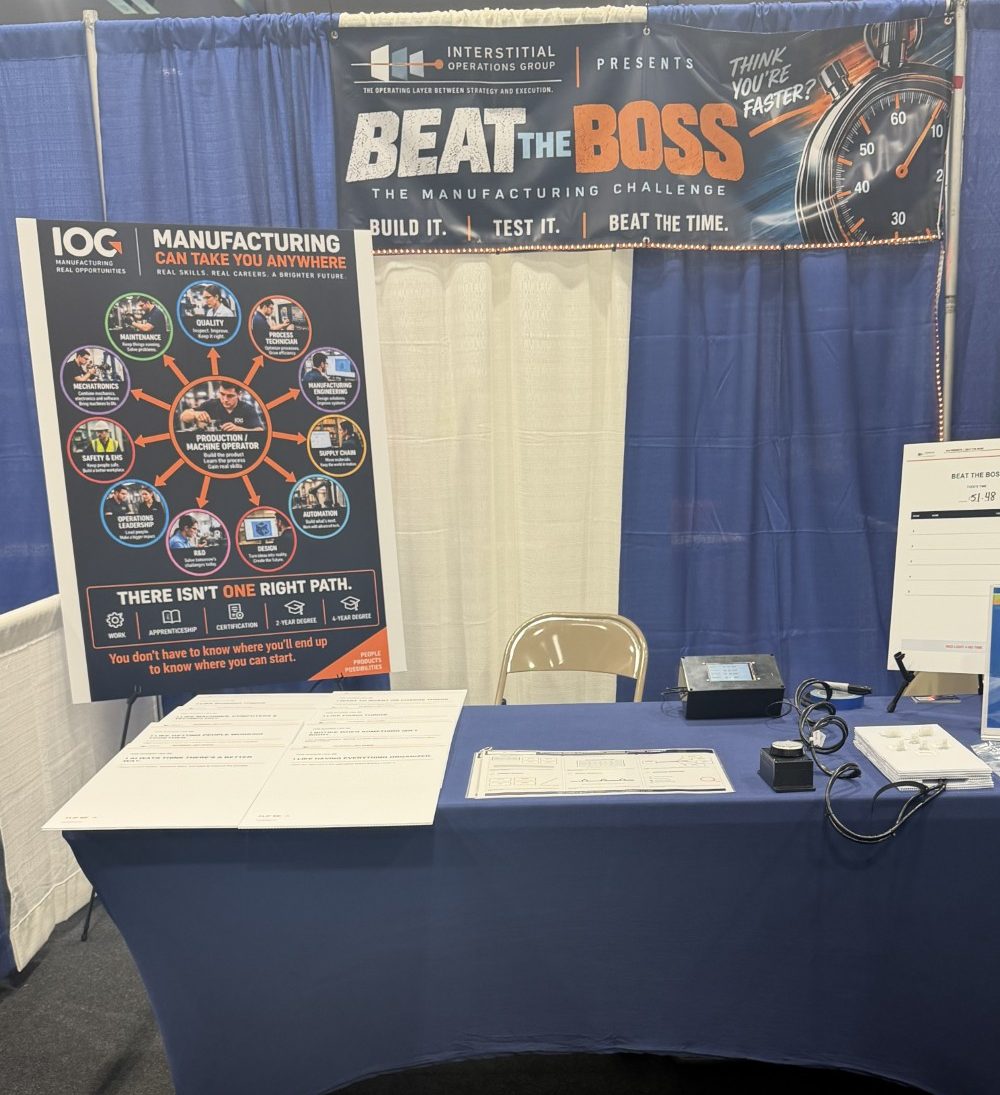 The IOG Beat the Boss booth at Career Con: the Beat the Boss banner, a poster of manufacturing career paths, the wire harness test fixture and a leaderboard showing Todd&rsquo;s posted time.